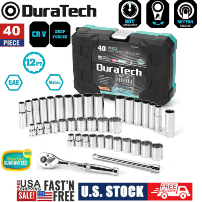 DURATECH 40 PCS 3/8'' Drive Socket Set SAE & Metric Mechanics Tool Set w/Case NEW