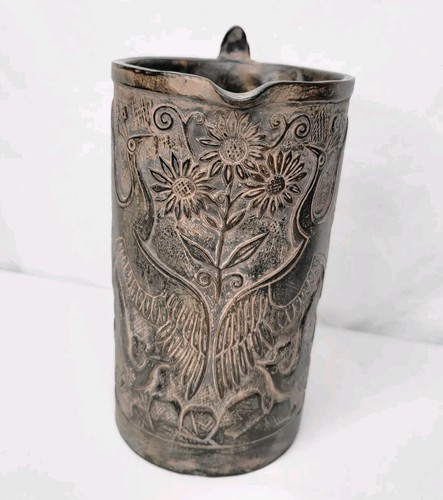 Vtg Ceramic Stein Mug Relief Carving Incised Exotic Birds Flowers Tankard Signed - Picture 2 of 14