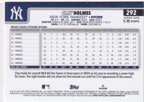 2025 Topps MLB Baseball Series 1 No. 292 Clay Holmes New York Yankees - Bild 2 von 2