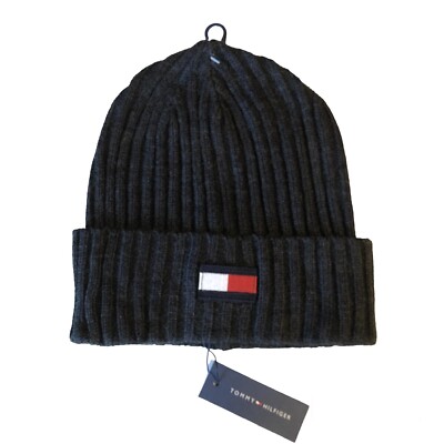 Tommy Hilfiger Cuffed Ribbed Flag Beanie Hat Men's One Size Charcoal Grey NWT
