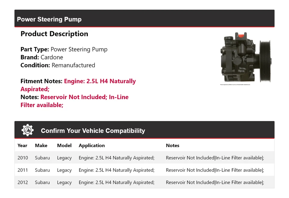 Bomba de dirección asistida de aspiración natural Cardone para Subaru Legacy 2010-2012 2,5 L Foto 2 de 4