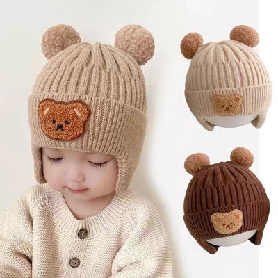 Winter Baby Beanie Cap Cartoon Bear Ear Warmer Knitted Hat for Babys Cute Warm``