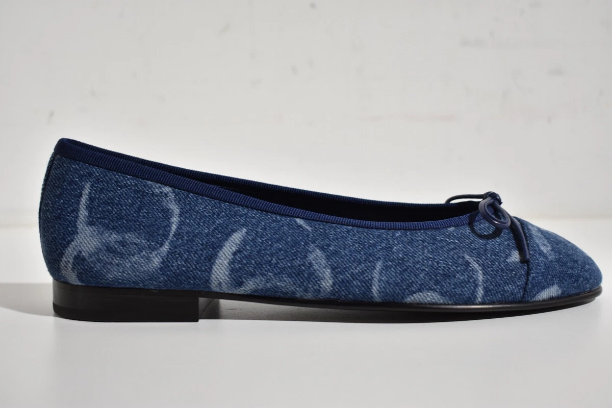 Chanel 23B Printed Denim Blue White CC Logo Bow Tie Ballet Ballerina Flat 38