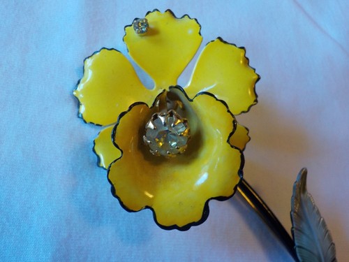 Vintage Signed Franciso (Coro) Yellow Enamel Orchid Brooch 4.25" Rhinestones Exc - Picture 3 of 6