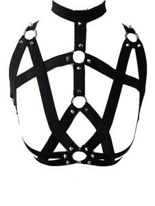 Harnais de poitrine noir épais avec pics et anneaux, nugoth witchy gothique feti