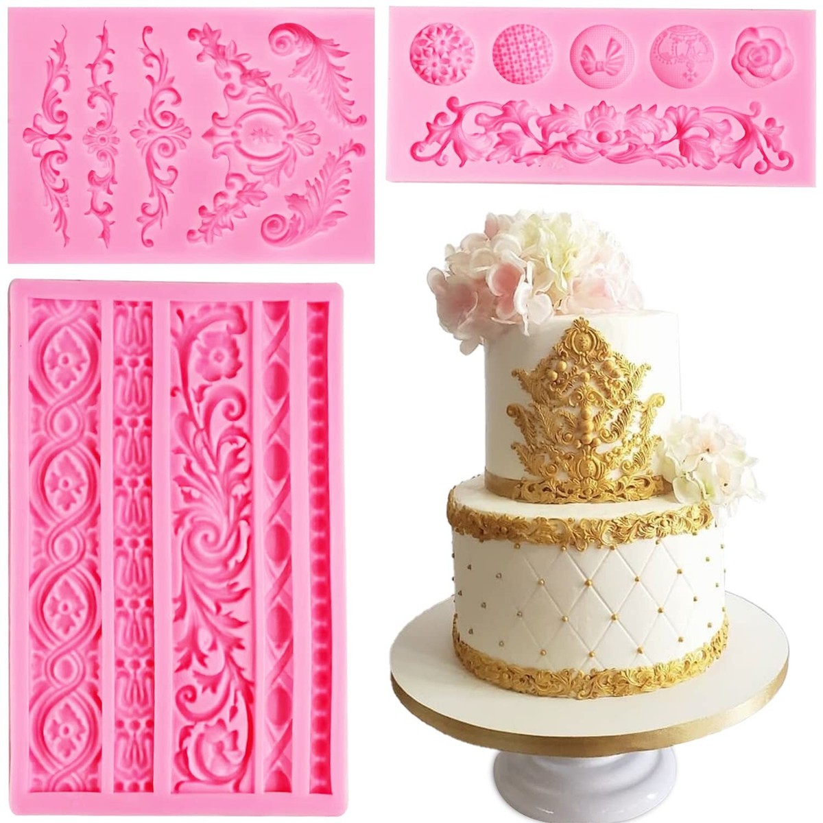 Pack Silicone Fondant Molds Baroque Scroll Border Lace Molds for