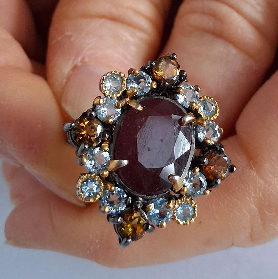 ANELLO ARG. ST. 925 BRUNITO CON RUBINO MASSIVO, TORMALINE E TOPAZI NATURALI - Immagine 4 di 4