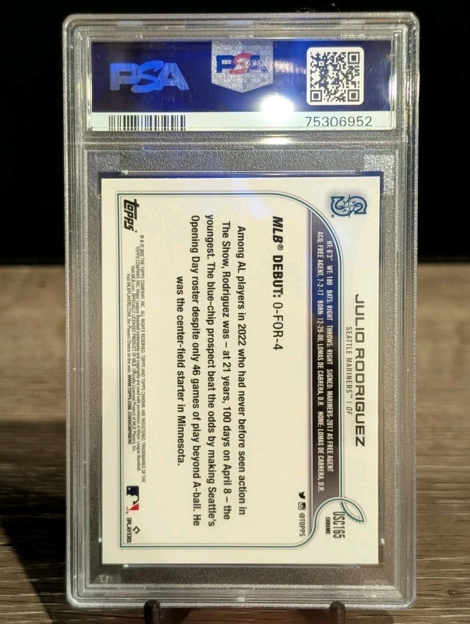 2022 Topps Chrome Update Julio Rodriguez Purple Refractor RC #USC165 PSA 9 MINT view 2