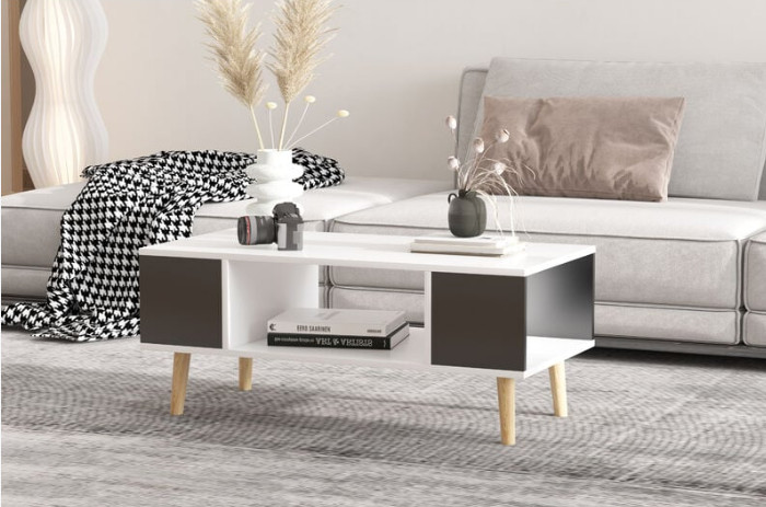 Table basse scandinave bois blanc et gris compacte pour optimiser l'espace des petits salons