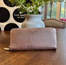 Kate Spade Spencer Metallic Leather Slim Zip Around Continental Wallet Rose Gold