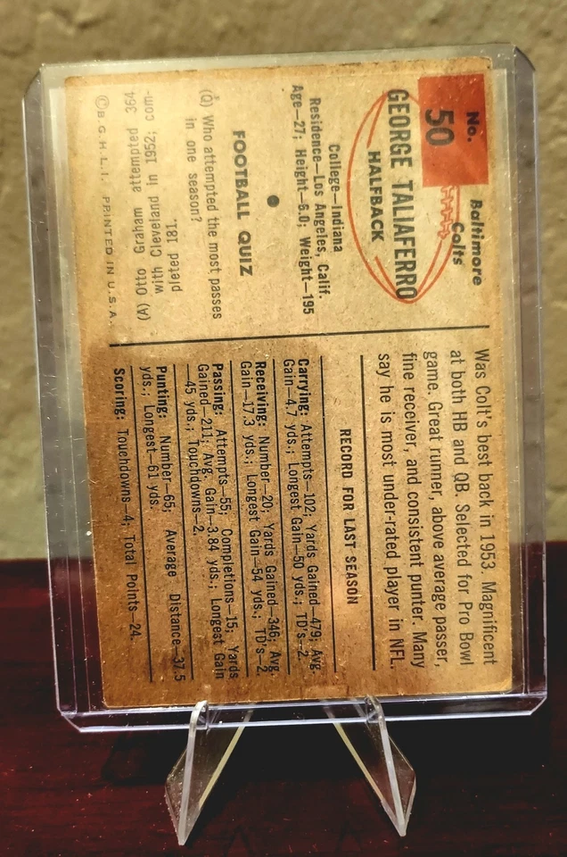 1954 Bowman - George Taliaferro #50. IU & Colts - Image 2 of 2