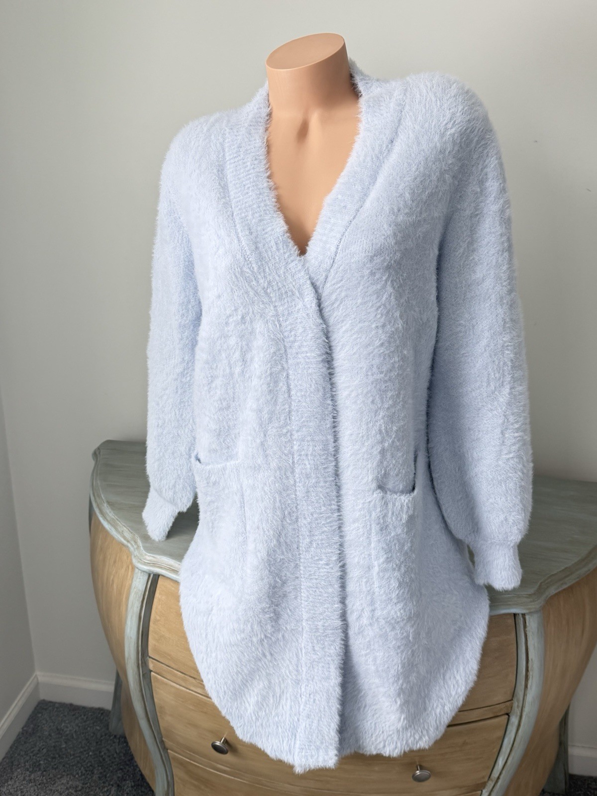 Sky Blue Open Duster Cardigan Sweater M Long Nylon Eyelash Plush Powder Pastel