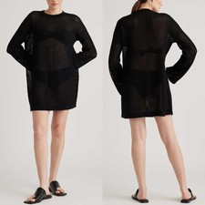 NWT Quince Black Cotton Open Knit Long Sleeve Cover-Up Mini Dress Womens XL