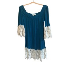 Umgee USA Dress Women's XL Teal Crochet Lace Bell Sleeve Tunic Bohemian Peasant