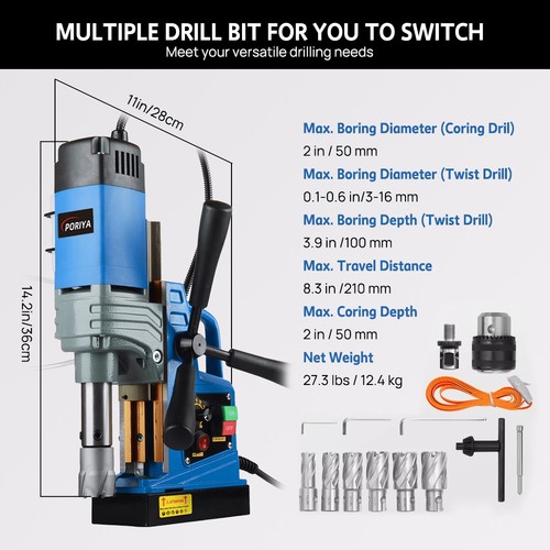 Magnetic Drill 1550W 2922lbf/13000N Portable Mag Drill Press 500RPM 6 Bits Blue - Picture 4 of 23
