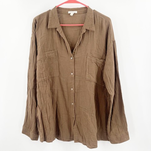 EILEEN FISHER Button Down Shirt Size Medium NEW Organic Cotton Gauzy Brown NWOT