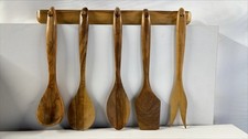 Handcrafted Wooden Kitchen Utensil Set With Hanging Rack Vintage Homeware