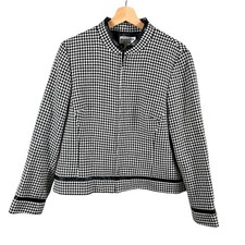 Pendleton Wool Jacket Women's Size 12 Houndstooth Blazer Leather Trim Full Zip