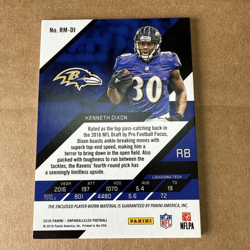2016 Panini Unparalleled RPS Rookie Materials /299 Kenneth Dixon #RM-DI RC - Picture 6 of 6