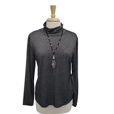 Simply Vera Wang Womens L Gray Metallic Shimmer Mock Neck Long Sleeve Top