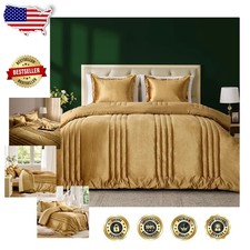 Luxury Gold King Comforter 3pc Set Modern Striped Velvet All Season Cozy Bedding