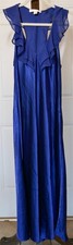 Oscar de la Renta Pink Label Blue Long Gown L Satin Charmeuse Ruffle Deep V-Neck