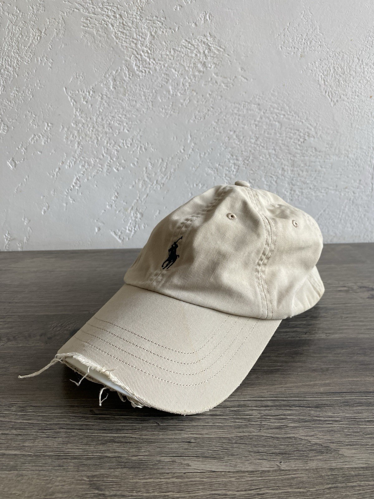 Cappello vintage Polo Ralph Lauren beige invecchiato berretto cinturino posteriore blu pony adulto