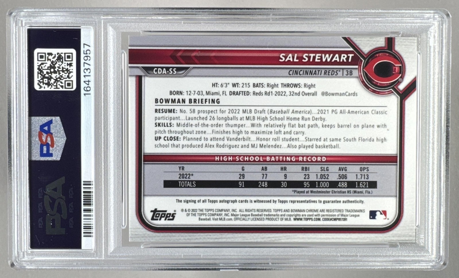 Sal Stewart 2022 Bowman Chrome Orange Refractor Pick 1st RC Auto 24/25 PSA 9 view 2