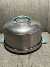 Vintage MCM Kromex Aluminum Cake Carrier Holder w/ Lid & Green Handles