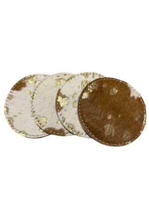 Cowhide Leather Coasters With Hair Hide  And Gold Finish Set Of 4