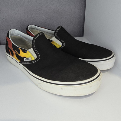 Vans Classic Slip On Flame Black Canvas Skate Shoes Men [9.5] 