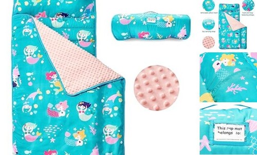 Toddler Nap Mat, Rollup Design Kid Sleeping Mat with Removable Pillow Mermaid