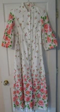 Vtg Raymodes NY Womens Long House Dress White Pink Floral Mod Retro Sleeves Med