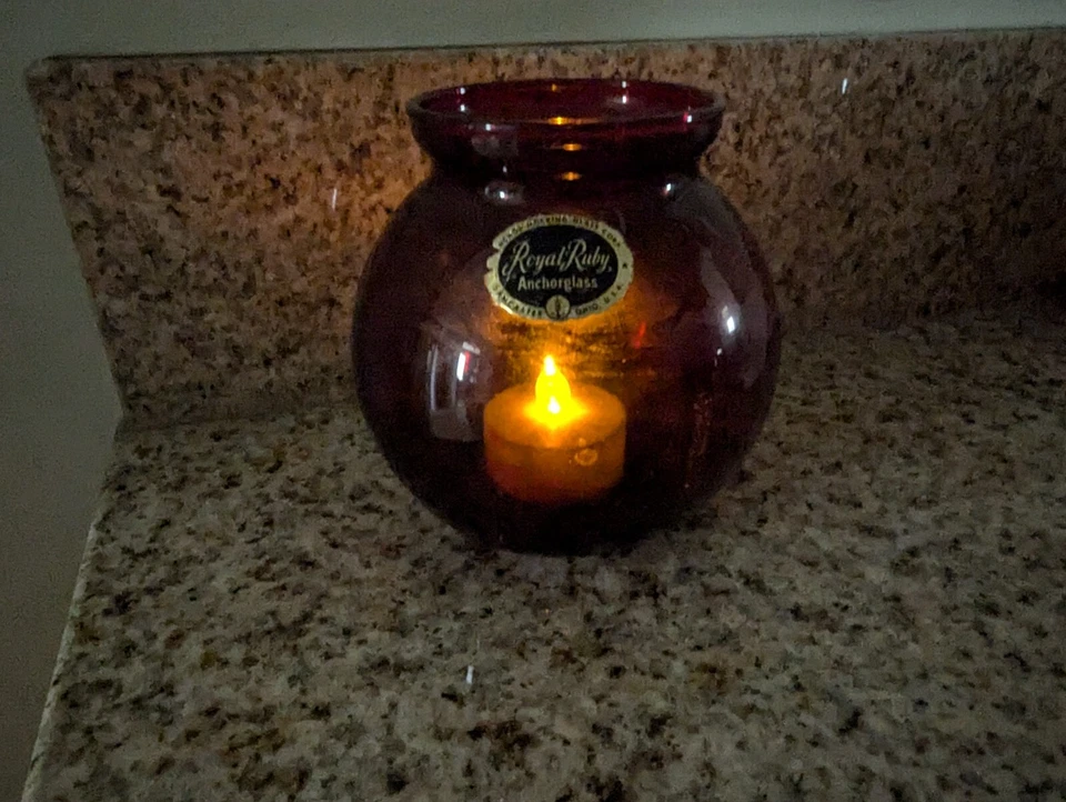 Anchor Hocking Royal Ruby Red Round Ball 4" Ivy Glass Bowl Vase Candle Vintage - Image 4 of 4