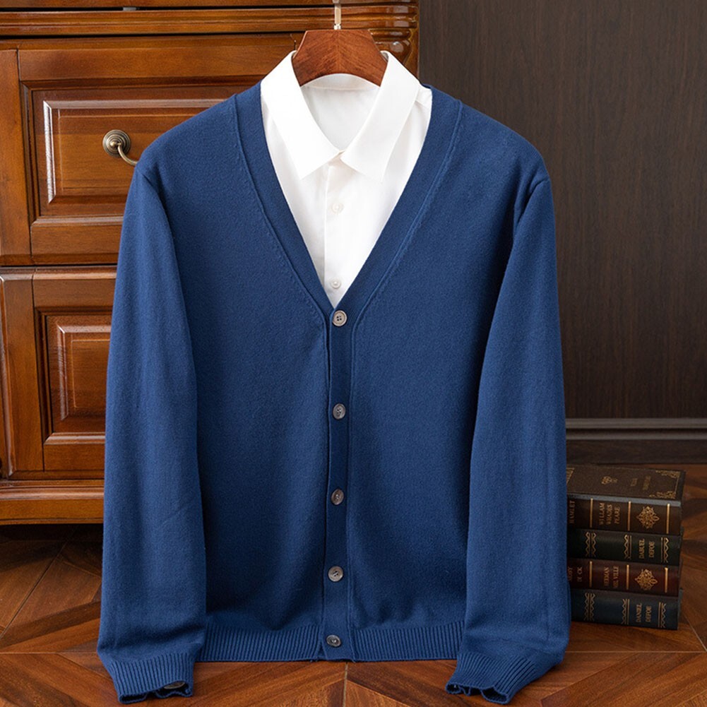 Men Knitted V neck Cardigan Pullover Warm and Trendy Classic Solid Color  Sweater