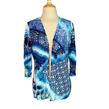 CHICO'S Women Medium Linen Cotton Lightweight Cardigan Blue Print Beachy Ocean
