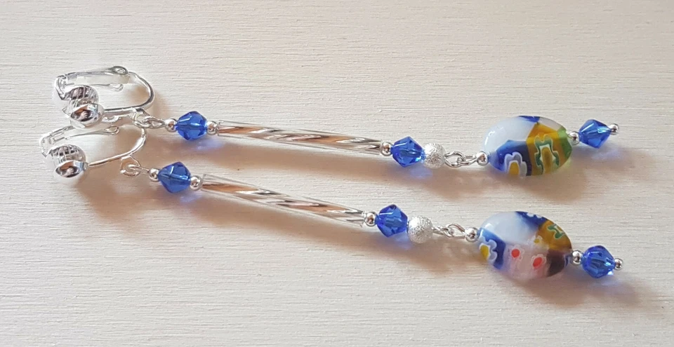 OHRCLIPS CLIPS VERSILBERT MILLEFIORI GLASPERLEN LANG - Bild 2 von 2