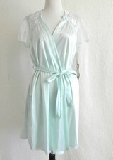 NWT Vtg Vanity Fair Robe Nylon Tie Belted Floral Trim One Pocket Cap Sleeve S