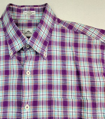 Peter Millar Shirt Men L Linen Blend Plaid Button Front Short Sleeve Limited Use