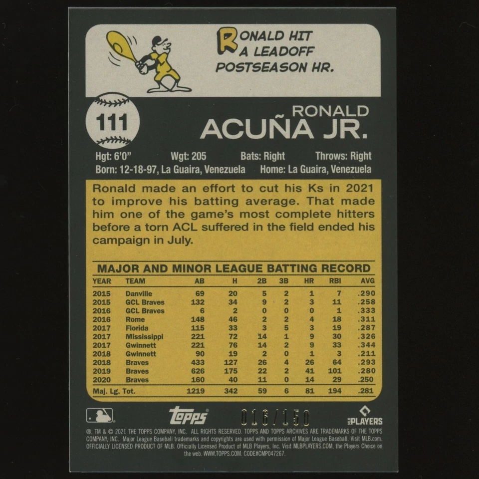 2021 Topps Archives #111 Ronald Acuna Jr. Rainbow Foil Parallel SP #/150 Braves - Image 2 of 2