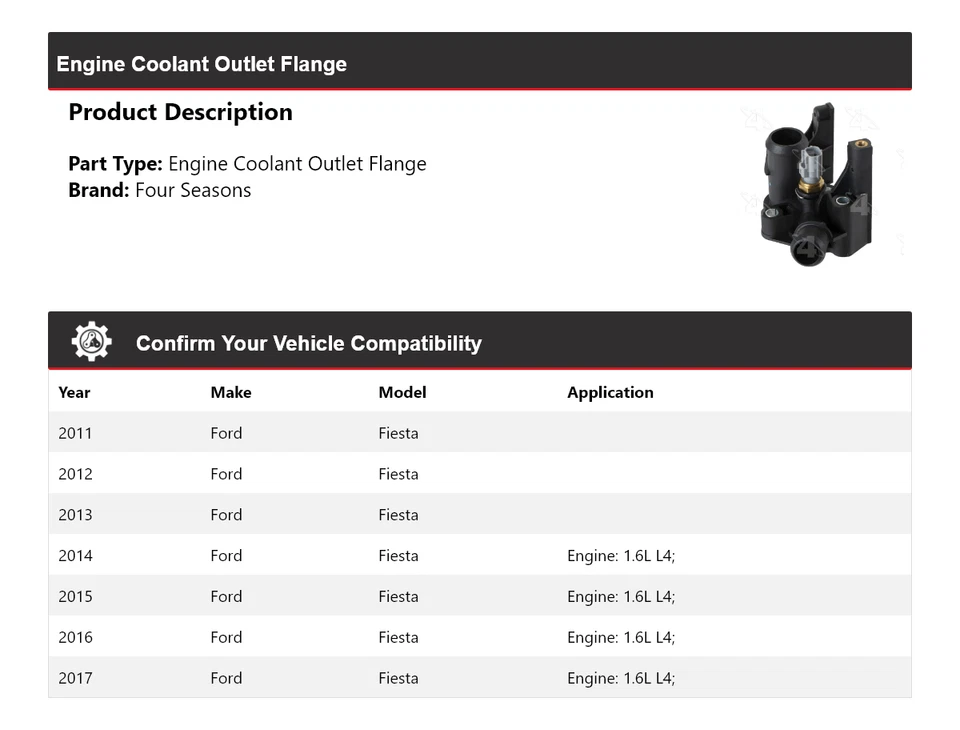 Фланжевая розетка охлаждающей жидкости двигателя для Ford Fiesta 2011-2017 годов выпуска 4 сезона 2012 2013 2014 годов выпуска - Изображение 2 из 4
