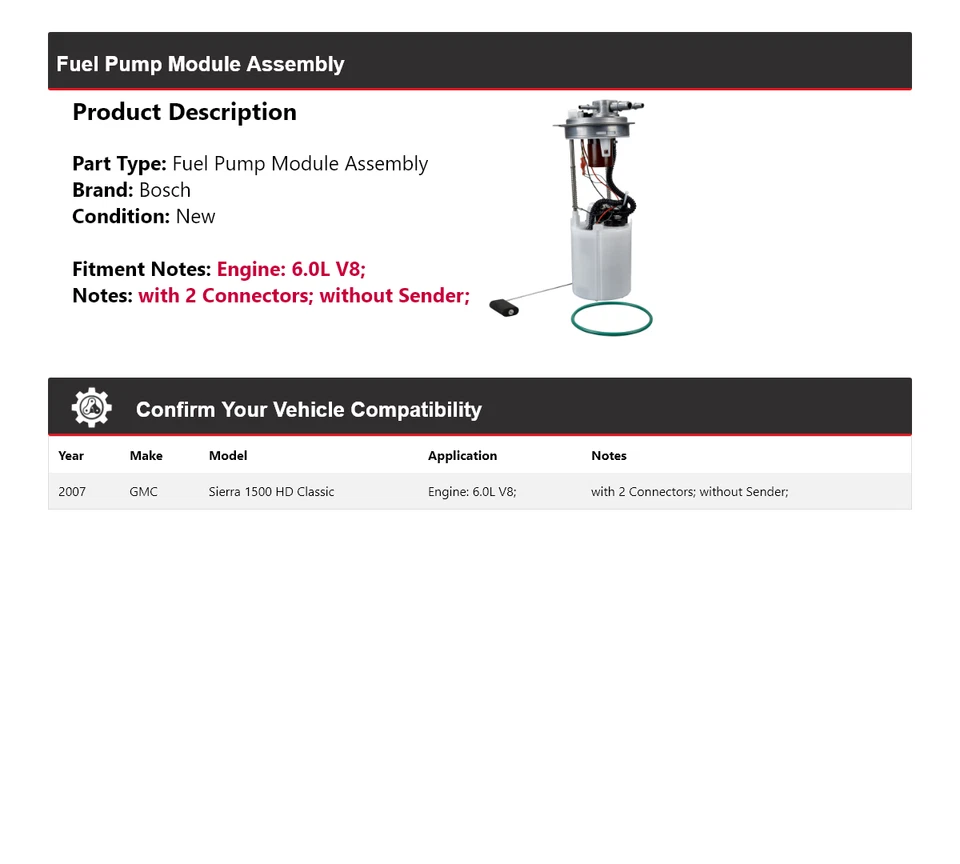 Conjunto de módulo de bomba de combustible Bosch V8 6,0 L Classic 2007 GMC Sierra 1500 HD Foto 2 de 4