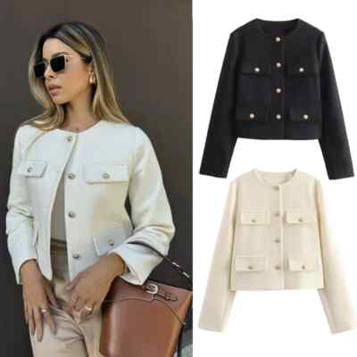 Damen Cropped Tweed Sakko | Kurzmantel mit Knöpfen | Elegant Langarm UK Größen