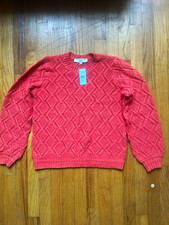 LOFT Petite PS Orange Geometric Textured Knit Pullover Sweater Crew Neck