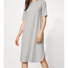 Eileen Fisher Tencel Rib Crew Neck Dress Womens M Gray Stretch Midi Curved Hem