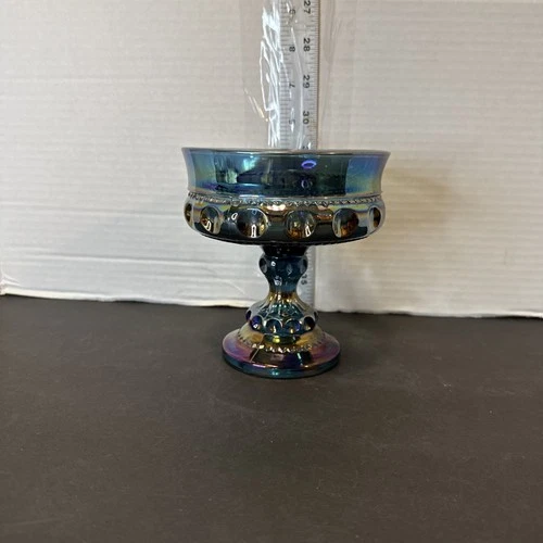 Indiana Glass Compote Iridescent Blue Kings Crown Carnival Glass Thumbprint