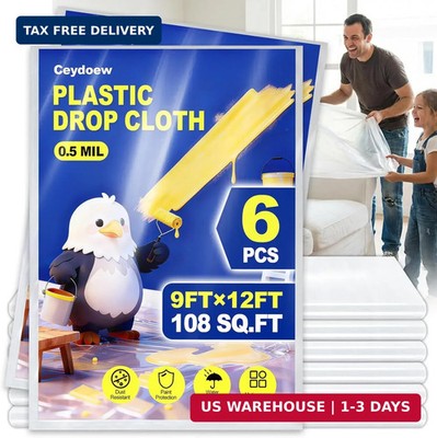 6 Pack Plastic Drop Cloths for Painting 9x12ft - Disposable Premium Plastic Tarp