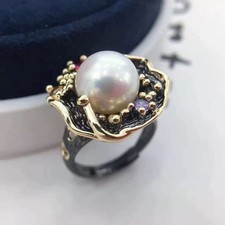 gorgeous `10-11mm south sea round white pearl ring 925s(T)