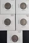 Lot of 5 Buffalo Nickels Vintage U.S. Coins Mixed Dates Circulated