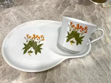 Vintage MCM Orange, Yellow and Green  Floral Snack Sets, Plates and Cups